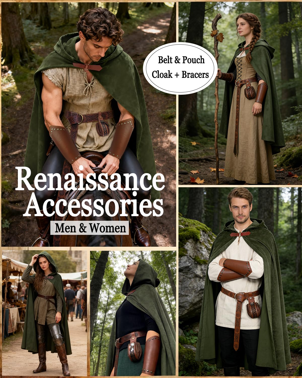 kasahara Renaissance Hooded Cloak Medieval Costume Accessories for Men Women Halloween Costume Cape Belt Pouch Bracers