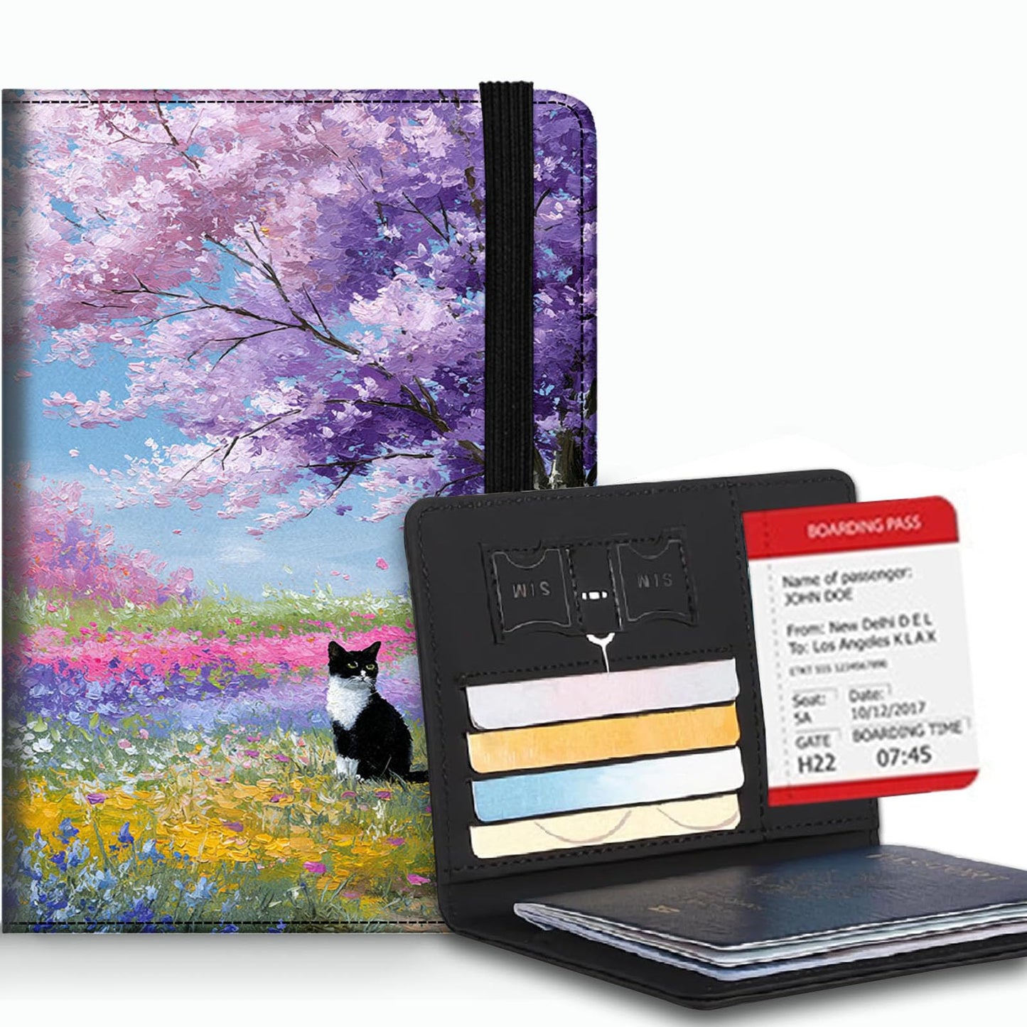 Bxgolkgd Passport Cover,RFID Blocking,Large Capacity Multi-Slot Travel Passport Wallet for Men & Women - Black and White Cat