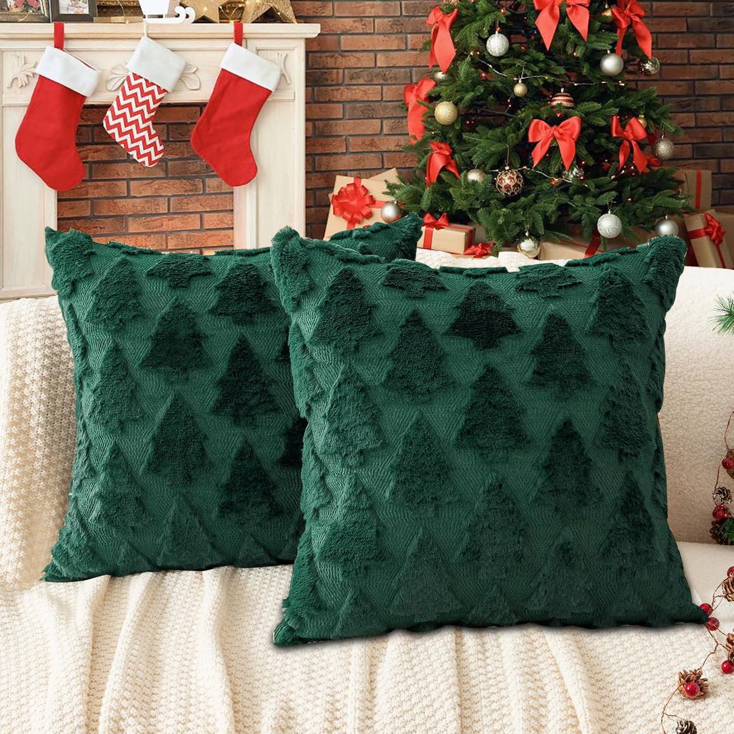 Christmas Pillow Covers 18'' x 18'' Set of 2, Soft Faux Rabbit Fur 3D Embroidery Christmas Tree Throw Pillow Covers for Holiday Christmas Decor Sofa, Couch, Skin-Friendly, Invisible Zipper