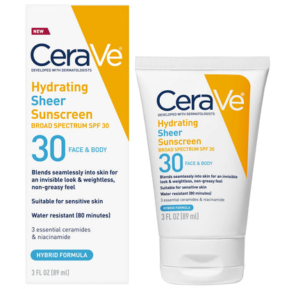 CeraVe Hydrating Sheer Sunscreen with SPF 30 for Face and Body, Mineral & Chemical Sunscreen for Men & Women with Zinc Oxide, Hyaluronic Acid and Ceramides, Paraben-Free + Fragrance-Free, 3 Ounces