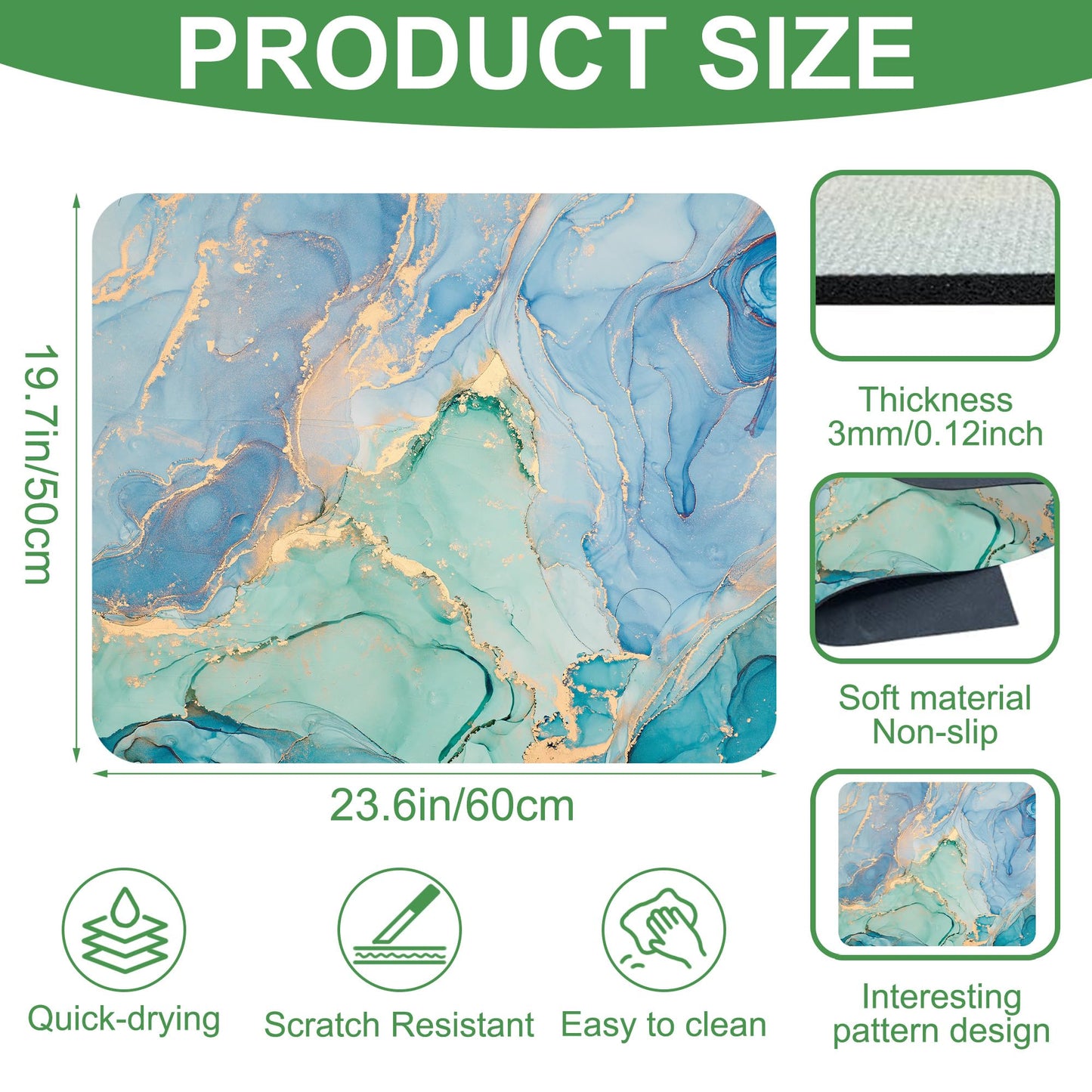 Blue and Green Fluid Marble Texture Washer and Dryer Covers For The Top, Non-slip Fast Drying Absorbent Dryer Top Protector Mat for Kitchen Laundry Room Decor,23.6"x19.7"