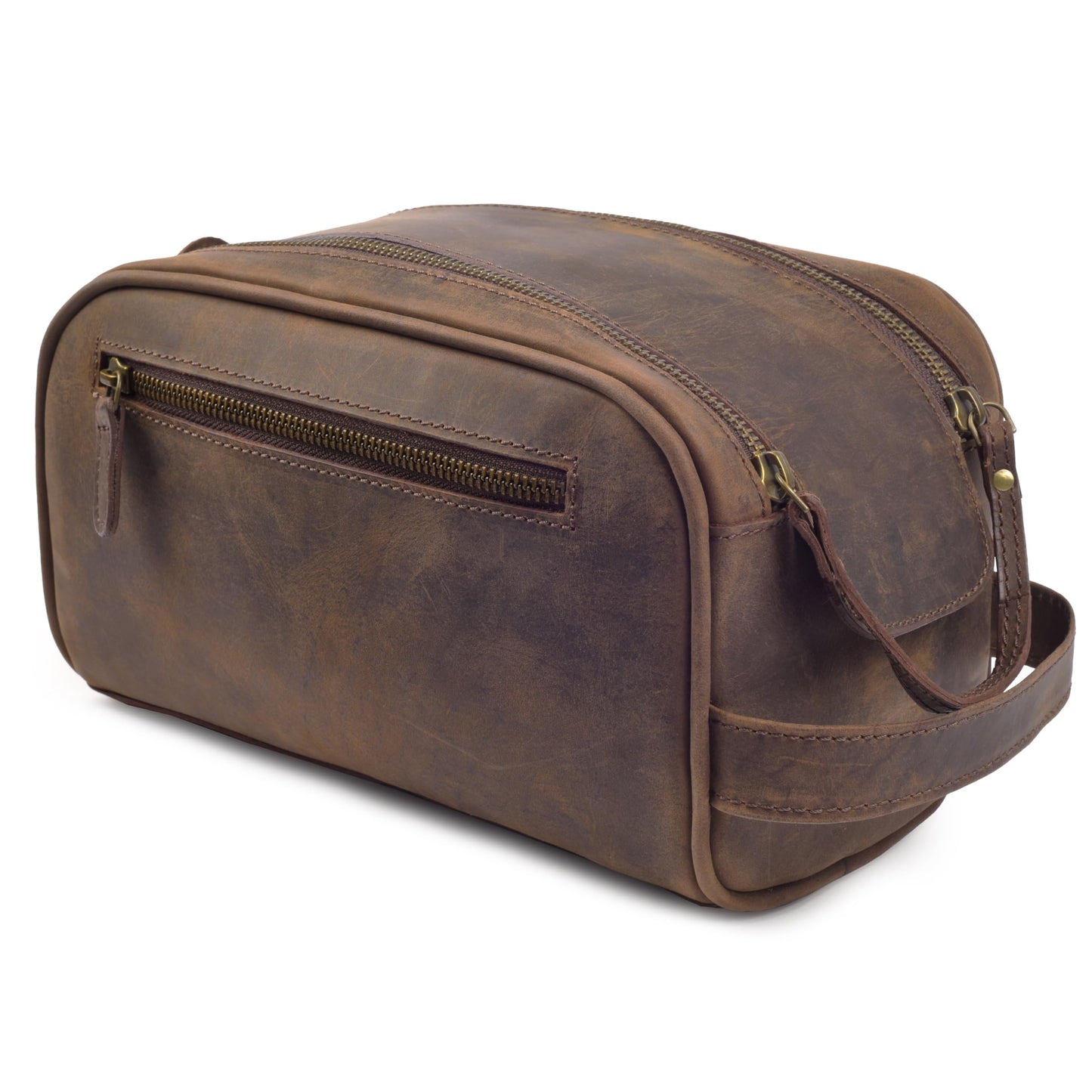 mds Genuine Leather Toiletry Bag for Men - Rustic Classic Vintage Handcrafted Full-Grain Leather Travel Dopp Kit with Waterproof Lining & Handle, Shaving & Grooming Kit Organizer Pouch - Rustic Brown