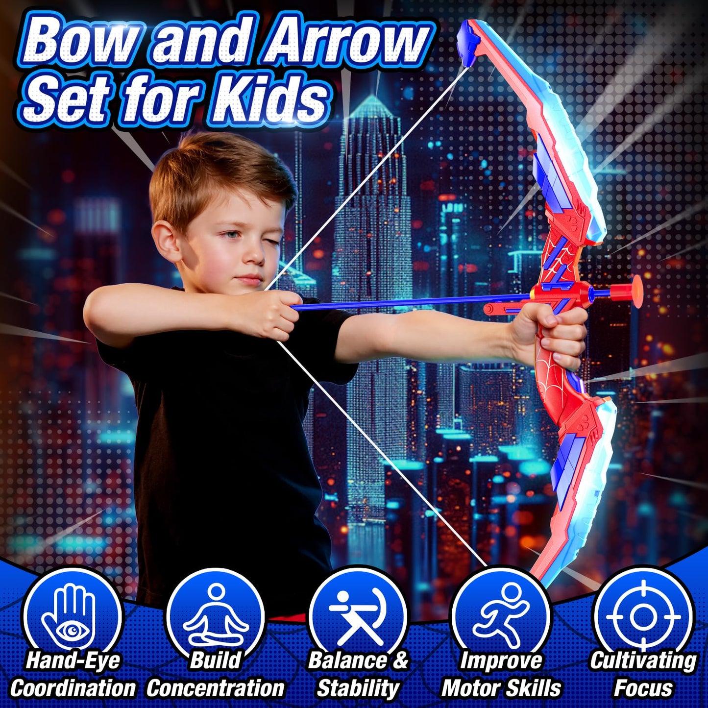 HYES Bow and Arrow for Kids, LED Light Up Archery Set with 12 Suction Cup Arrows, 1 Hanging Target, 3 Score Targets & 1 Quiver, Indoor Outdoor Sport Gifts for Boys Girls Ages 4-12, Blue