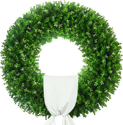Large Artificial Boxwood Wreath 30-32'', UV Resistant 310 Leaves & 140 Flower Core, Green Wreath Ribbon for Front Door Outdoor Indoor Window Wall Hanging Decoration All Seasons(Foldable)