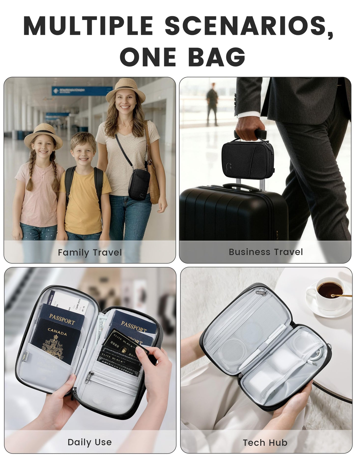 Travelkin 2-in-1 Passport Holder & Travel Organizer for Family with RFID Blocking, Multiple Passport Wallet for Men Women, Travel document holder for Credit Cards, Cash, and Electronic Essentials