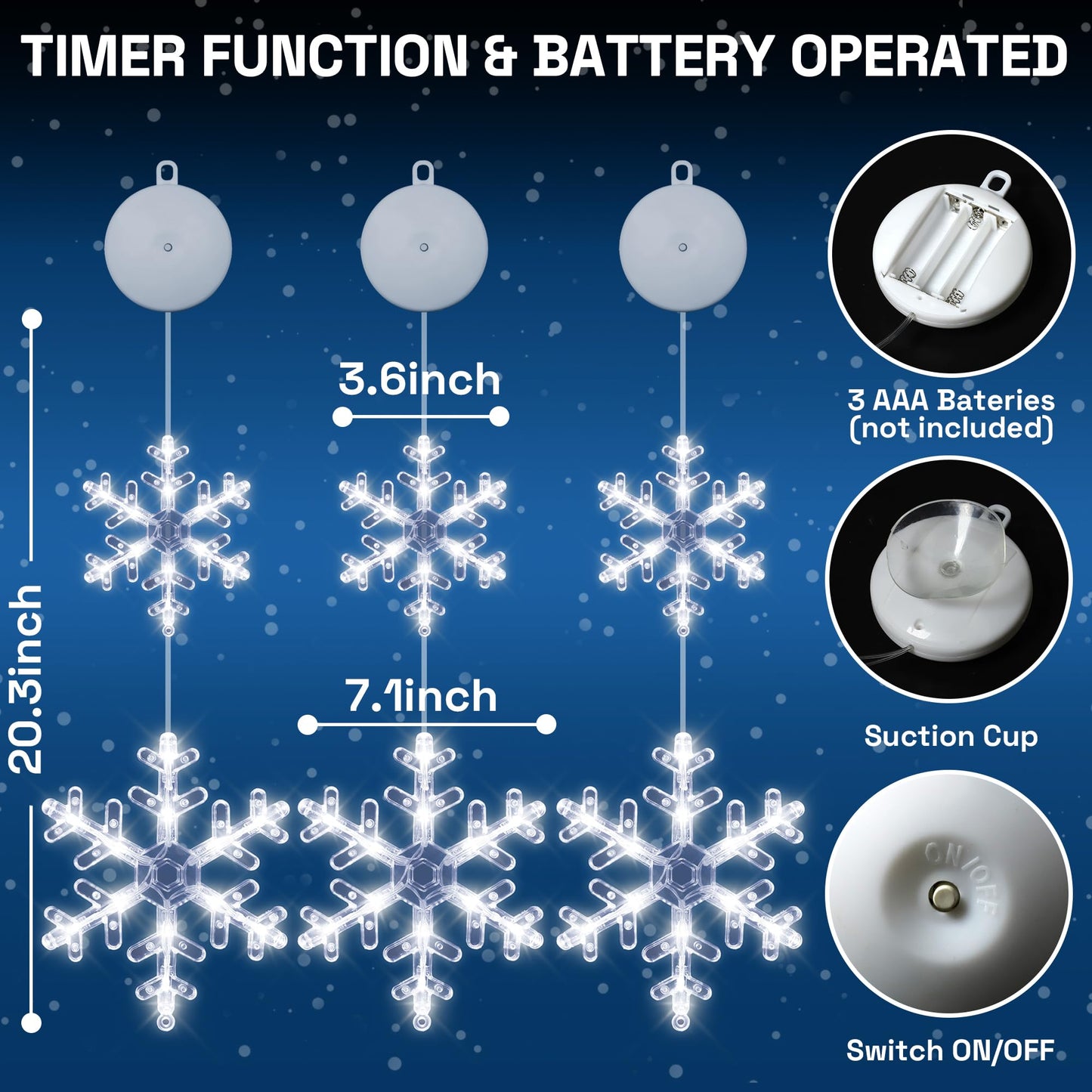 [Timer] Christmas Window Decorations, 3 Pack Snowflake Christmas Window Lights with Suction Cup, Hanging LED Battery Operated Xtmas Lights Indoor Xmas Tree Fireplace Home Party Decor