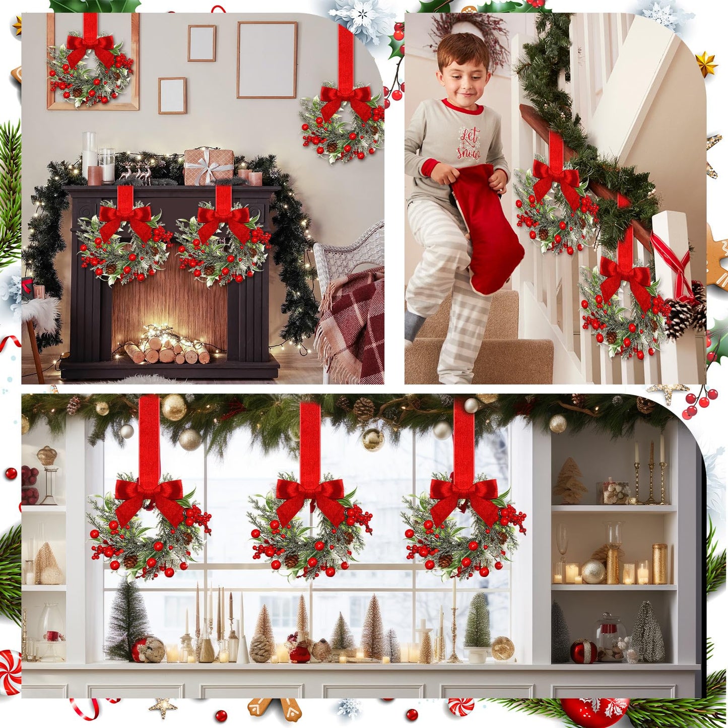 Dingion 6 Pcs 6" Christmas in July Mini Cabinet Wreaths for Kitchen with Ribbon Bows Red Berry Small Window Wreath for Window Door Farmhouse Christmas Party Decorations