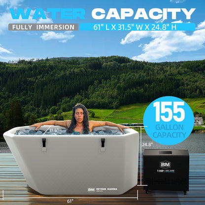 Inflatable Ice Bath Tub for Athletes - Slanted-Edge Cold Plunge Tub Compatible Water Chiller, Insulated Lid, EVA Groundsheet, Backpack, 155 Gallon, 61" L x 31.5" W x 24.8" H