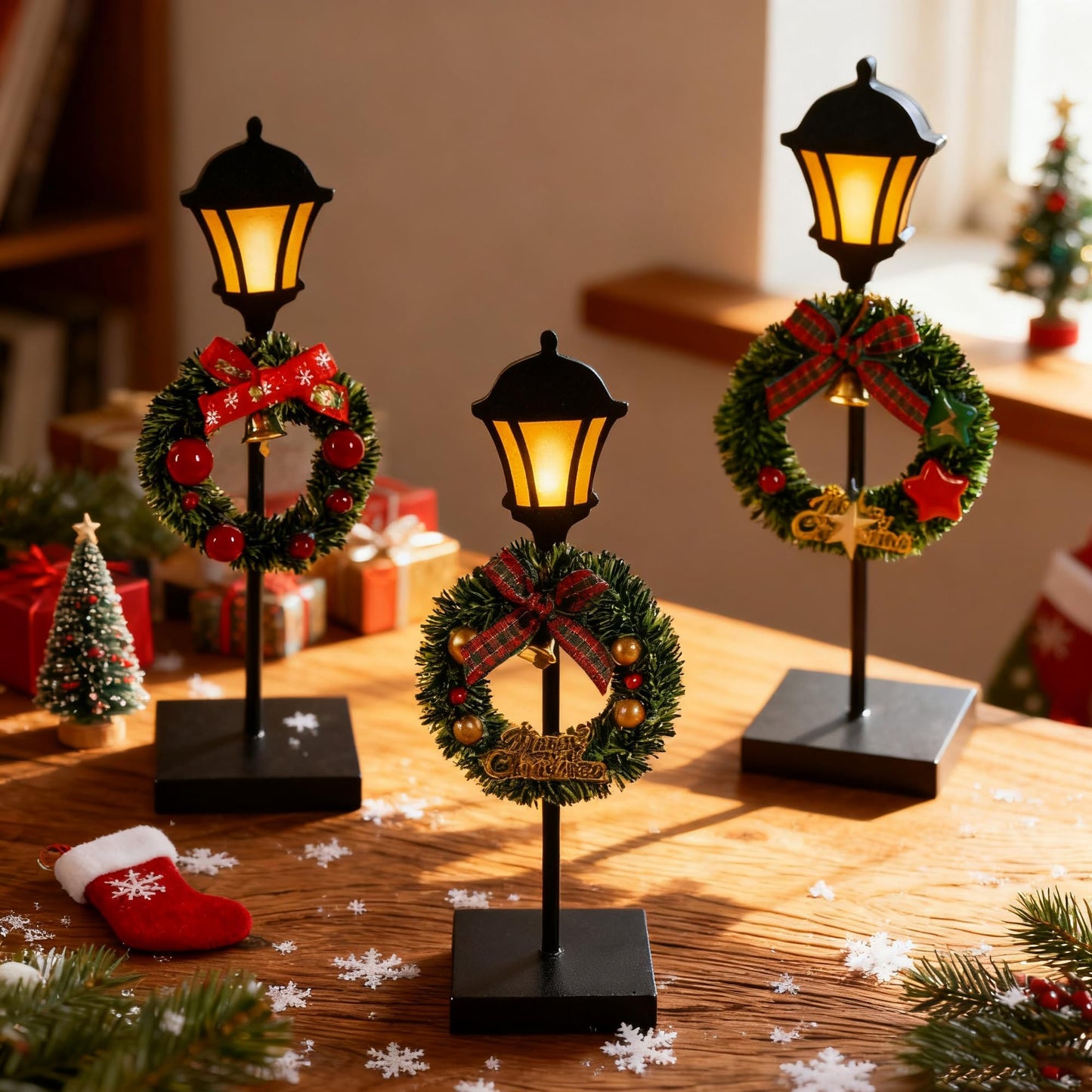 NEROSUN Christmas Table Decorations, 6Pcs Wreath and Lantern Standing Wooden Tabletop Decorations Signs, Merry Christmas Table Toppers for Xmas Home Winter Holiday Party Indoor Decor