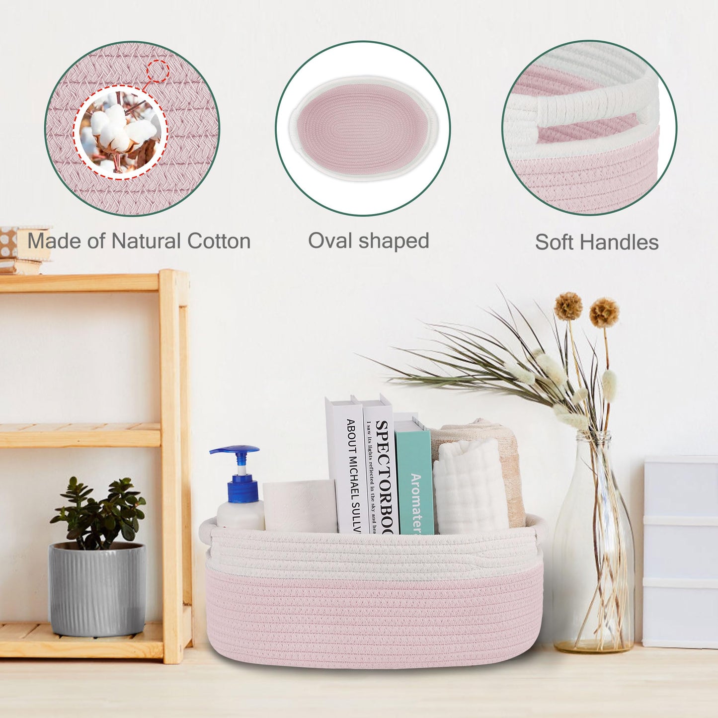 BOSROTY Small Woven Basket with Gift Bags and Ribbons, Empty Baby Gift Baskets, Shelf Storage, Small Cat Dog Pet Toy Boxes, 13”x 9”x 5.5”, Light Pink