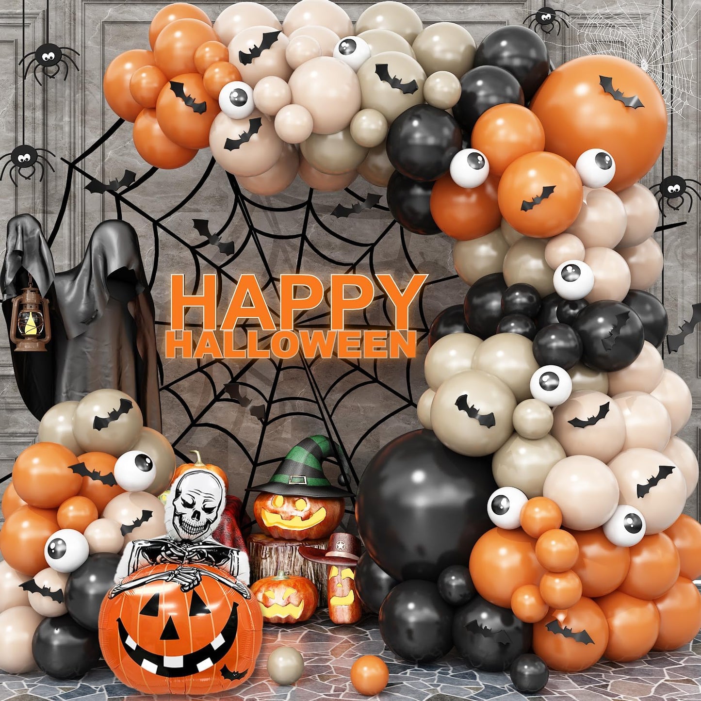 Halloween Balloons Arch Black Orange Beige Balloons Garland Halloween Birthday Party Decorations Orange Black Nude White Sand Latex Balloons with Pumpkin Foil Balloon Eye Print 3D Bat Stikers Decor