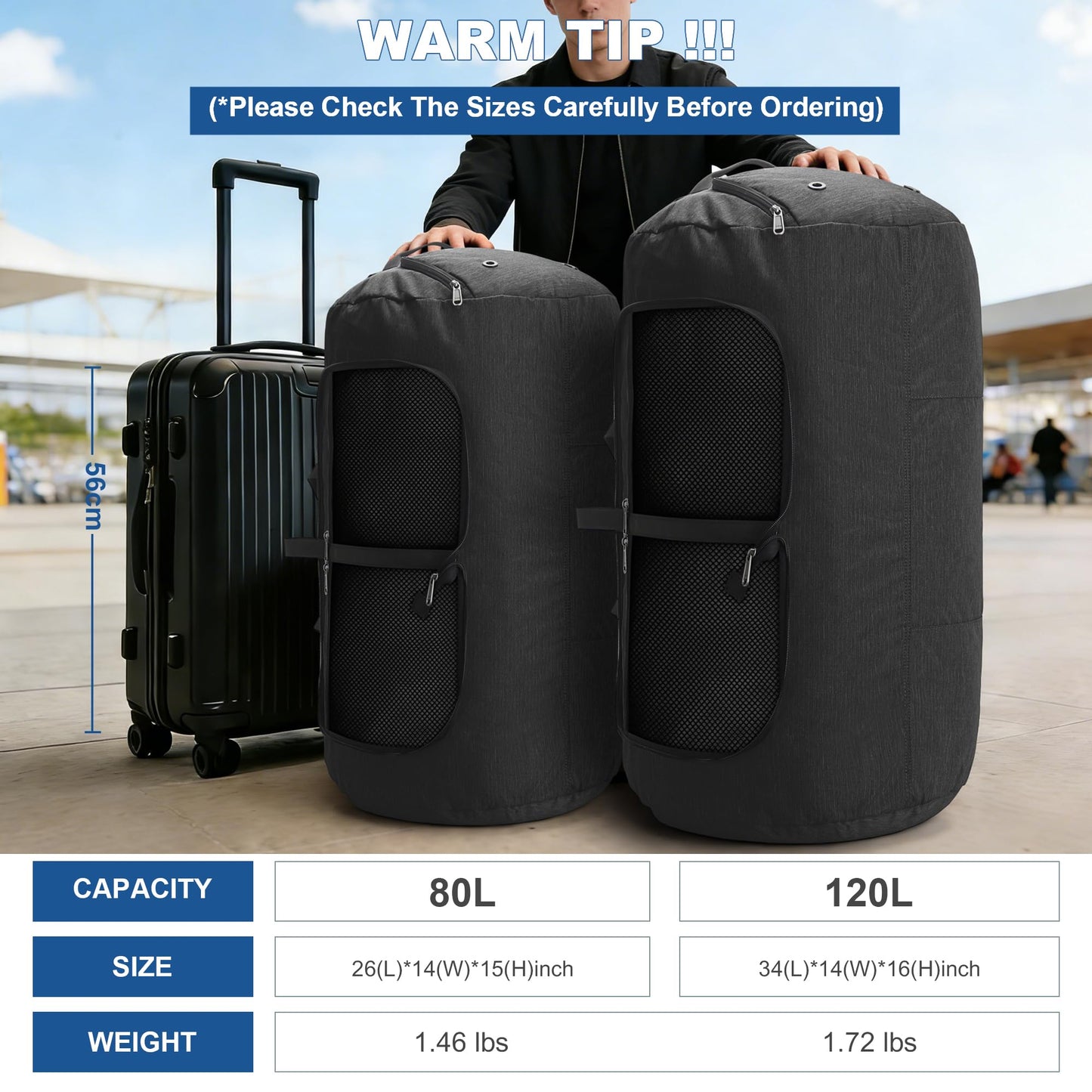 120L Foldable Waterproof Travel Duffel Bag for Men and Women with Shoe Compartment (Black, 120L)