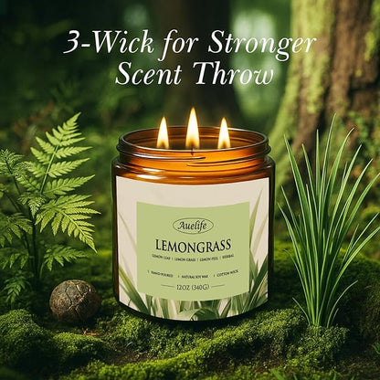 Lemongrass Scented Candle | 3-Wick Jar Candle - 12oz Natural Soy Wax - Citronella Scent for Indoor Outdoor Use, Long Lasting Aromatherapy Gifts for Fathers Day, Summer, 50+ Hour Burn