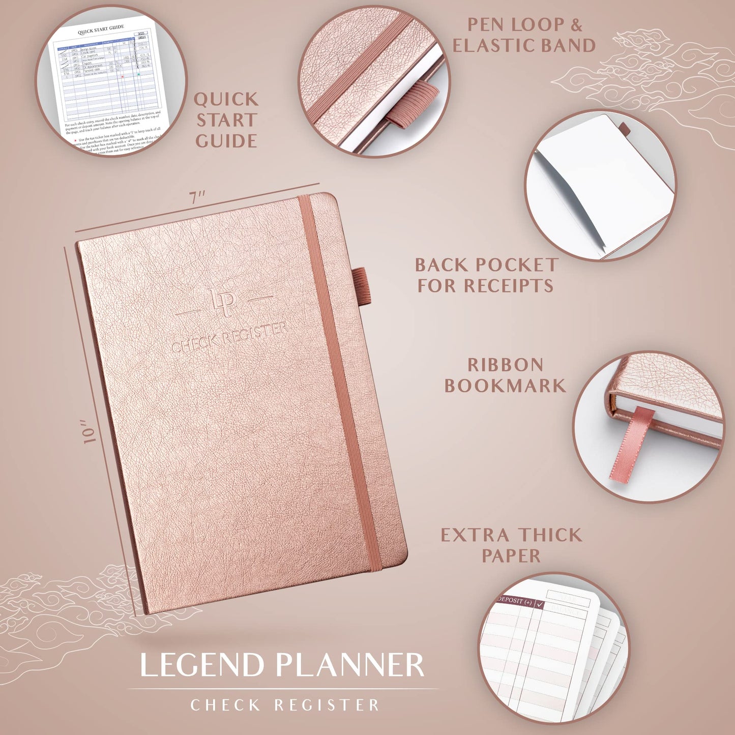 Legend Planner Check Register Book – Accounting Ledger Book for Small Business & Personal Use – Checkbook Register to Track Financial Transactions – Hardcover, 7x10″, 6300 Entries (Rose Gold)
