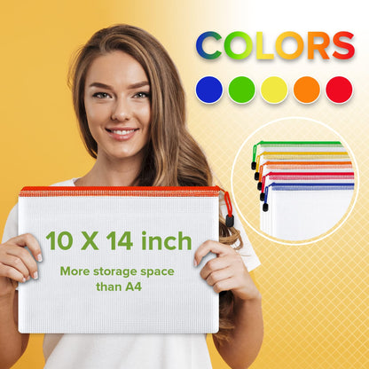 5 Pack Mesh Zipper Pouch Bags 10x14 inch - Plastic Zipper Pouches for Organizing - Document Bags with Zippered - Letter Size Zippered Pouch - Document Pouches Clear Zip Bags - Mesh Storage Bags