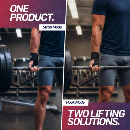 Doctor Developed 3-in-1 Lifting Straps, Hooks & Wrist Wraps - Switch Between Modes in Seconds - Heavy Duty Grips for Deadlifts, Pull-Ups, Shrugs, Rows, Bench Press & Squats (Pair, Black)