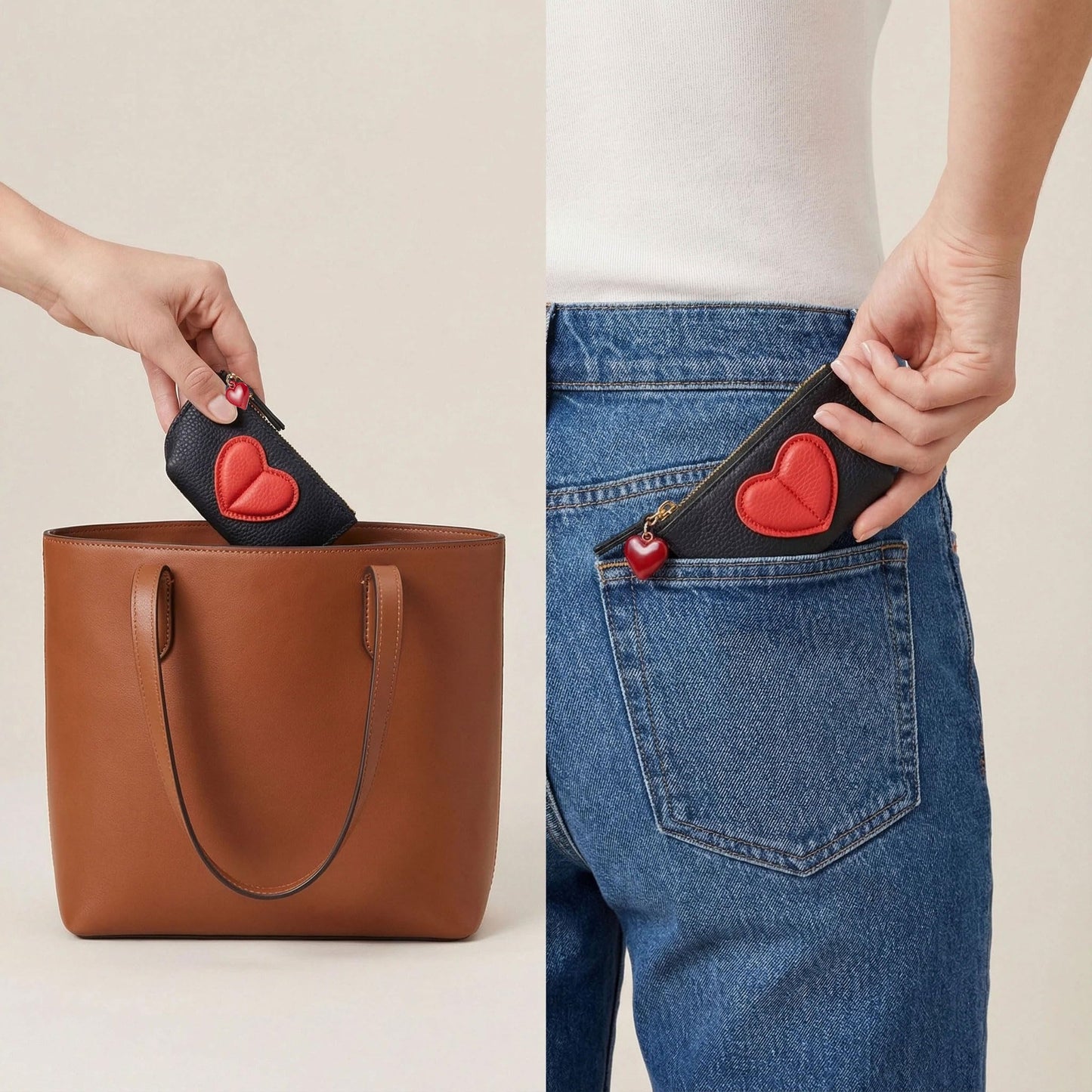 Red Heart Design Small Coin Purse - Cute Compact Keychain Change Purse Soft Leather Wallet with Zipper for Women (Black)
