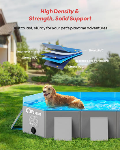 Peteast Foldable Dog Pool with Sturdy Square Design, Durable 82" Lx46 Wx12 D Extra Large Portable Pet Bathtub with Reinforced Sidewalls for Stability, Ideal for Indoor & Outdoor Use (Blue&Gray)