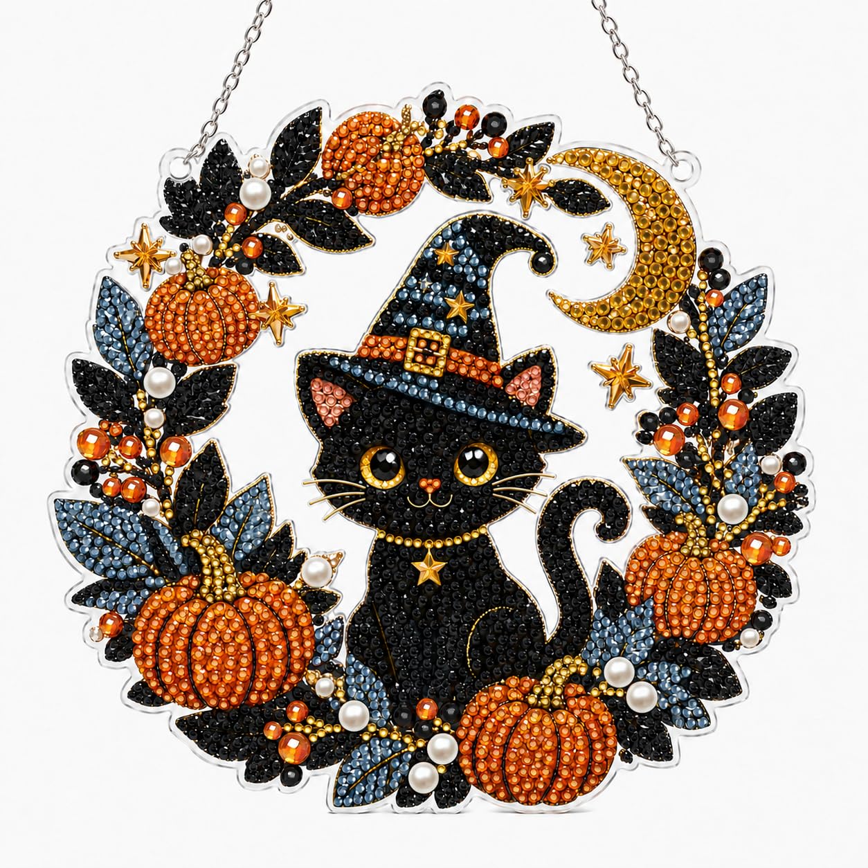 DIY Diamond Art Painting Wreath Kits，Special Shaped Rhinestone Hanging Ornament Diamond Art Window Pendants for Gift Home Garden Wall Hanging Kits,Double Sided (Halloween Black Cat)