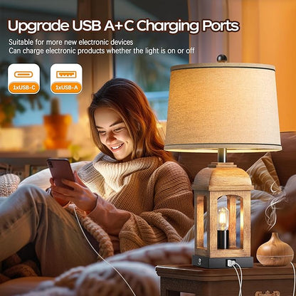 QiMH Table Lamp for Living Room, Farmhouse Lamps with USB A+C and Nightlight, 26" Rustic Bedside Lamps with 3-Way Dimmable Touch Control, Nightstand Lamp for Bedroom, Wood Grain, 1 Pack