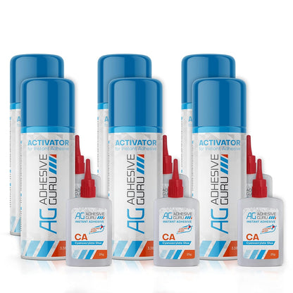 Adhesive Guru CA Glue with Activator Woodworking (6 x 0.9 oz - 6 x 3.38 fl oz) Cyanoacrylate Super Glue for Plastic, Glass, Ceramic, DIY, 3D Printing (6 Pack)