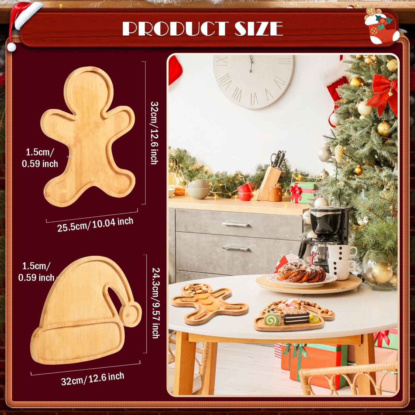 AWIZOM 2 Pcs Christmas Serving Platters Santa Hat and Gingerbread Man Shaped Wood Trays Winter Bamboo Charcuterie Boards Decorative Wood Snack Dish Plates for Xmas Holiday Housewarming Presents