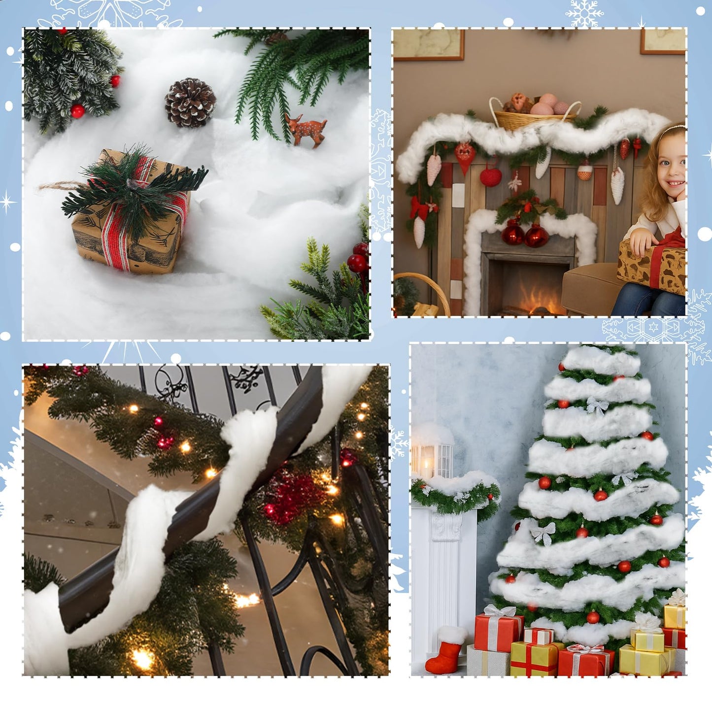 Tigeen 4 Pcs 100 ft Christmas Fake Snow Garland White Christmas Tree Decoration Cotton Artificial Snow Fluff Garland Winter Decor for Xmas Decoration Winter Village Party Indoor Home Decor