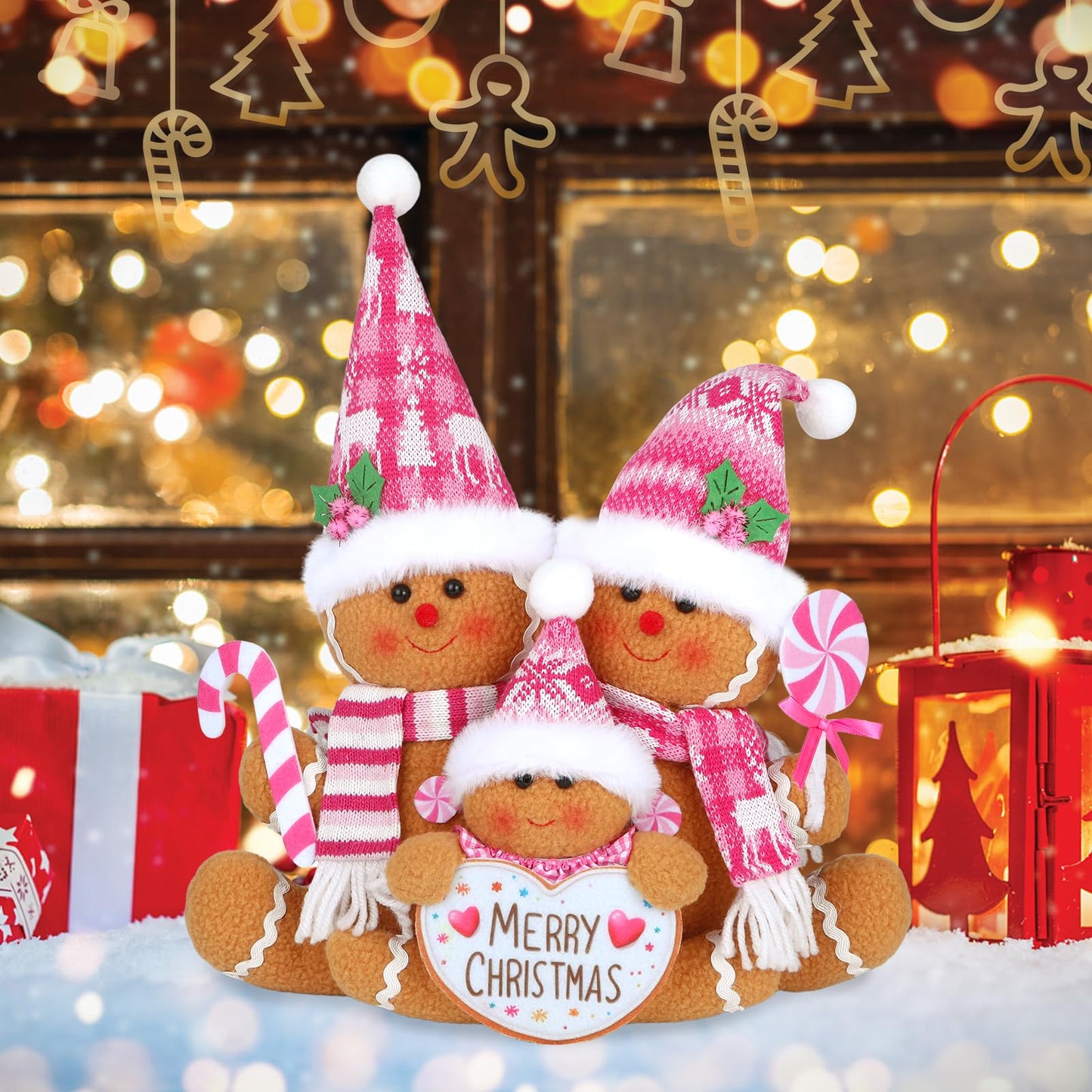 HMASYO Pink Gingerbread Family Christmas Gnome Decoration, 14 Inch Plush Gingerbread Candy Christmas Stuff Figurines for Home Fireplace Window Tabletop Tiered Tray Holiday Xmas Decor (Pink)