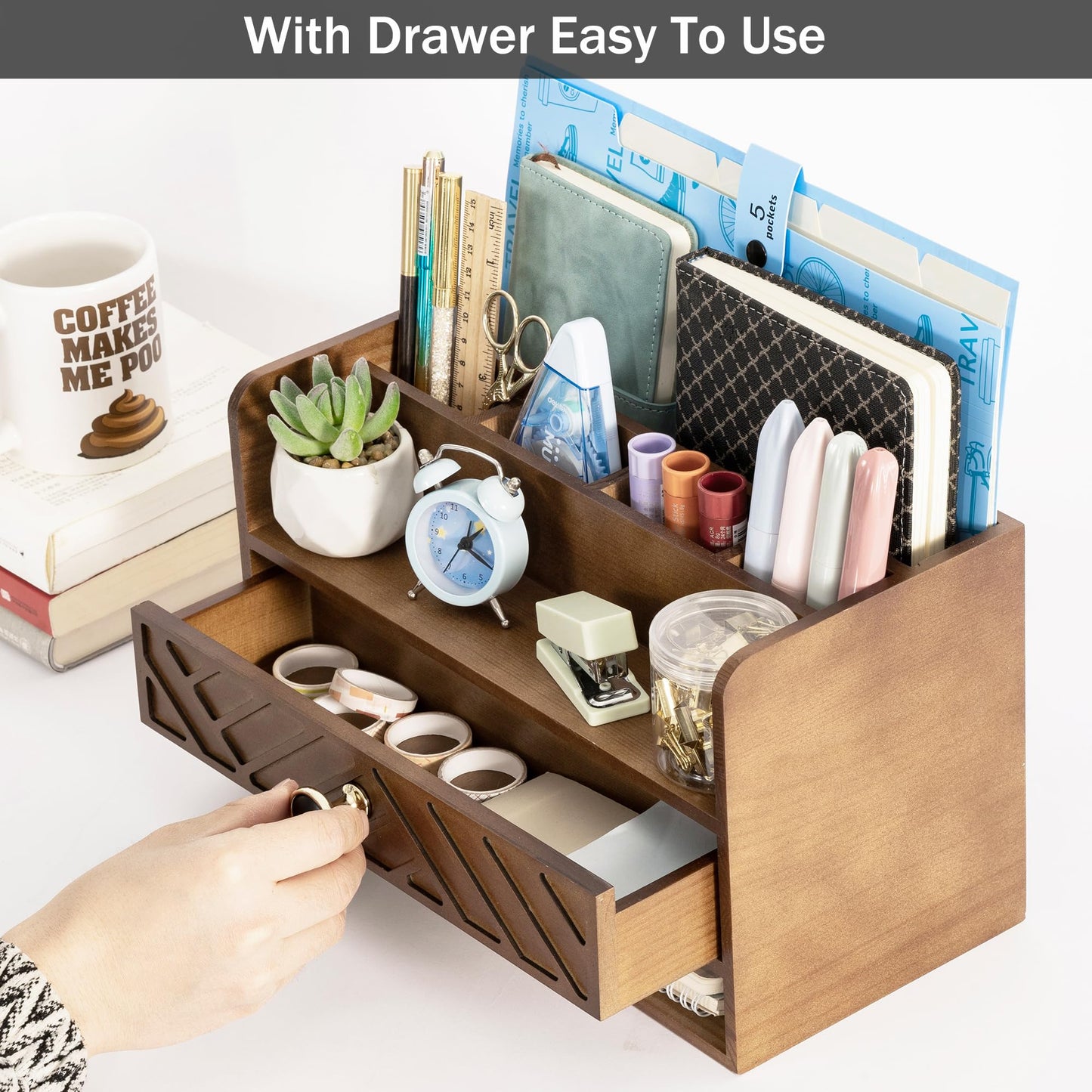 dreampossible Brown Wood Desk Organizer and Accessories with Drawer, Bill Mail Organizer and File Mail Holder for Office Supplies, Desk Accessories & Workspace Organizers