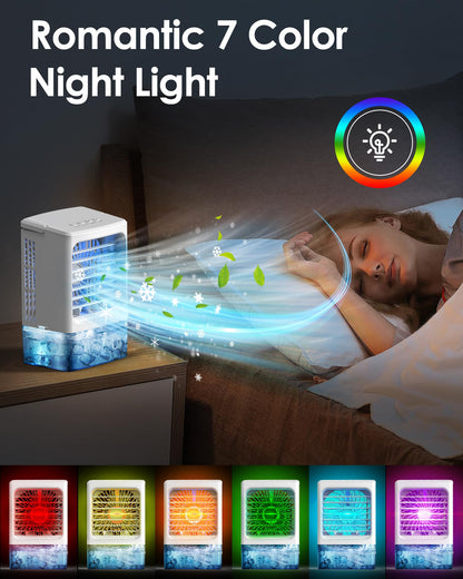 Mini Air Conditioner,Portable Air Conditioners,Evaporative Air Cooler Humidifier, 3 Speed Quiet Personal Cooling Fan, 7-Color LED Night Light, 4/8H Timer for Bedroom, Office, Camping, Car (White)