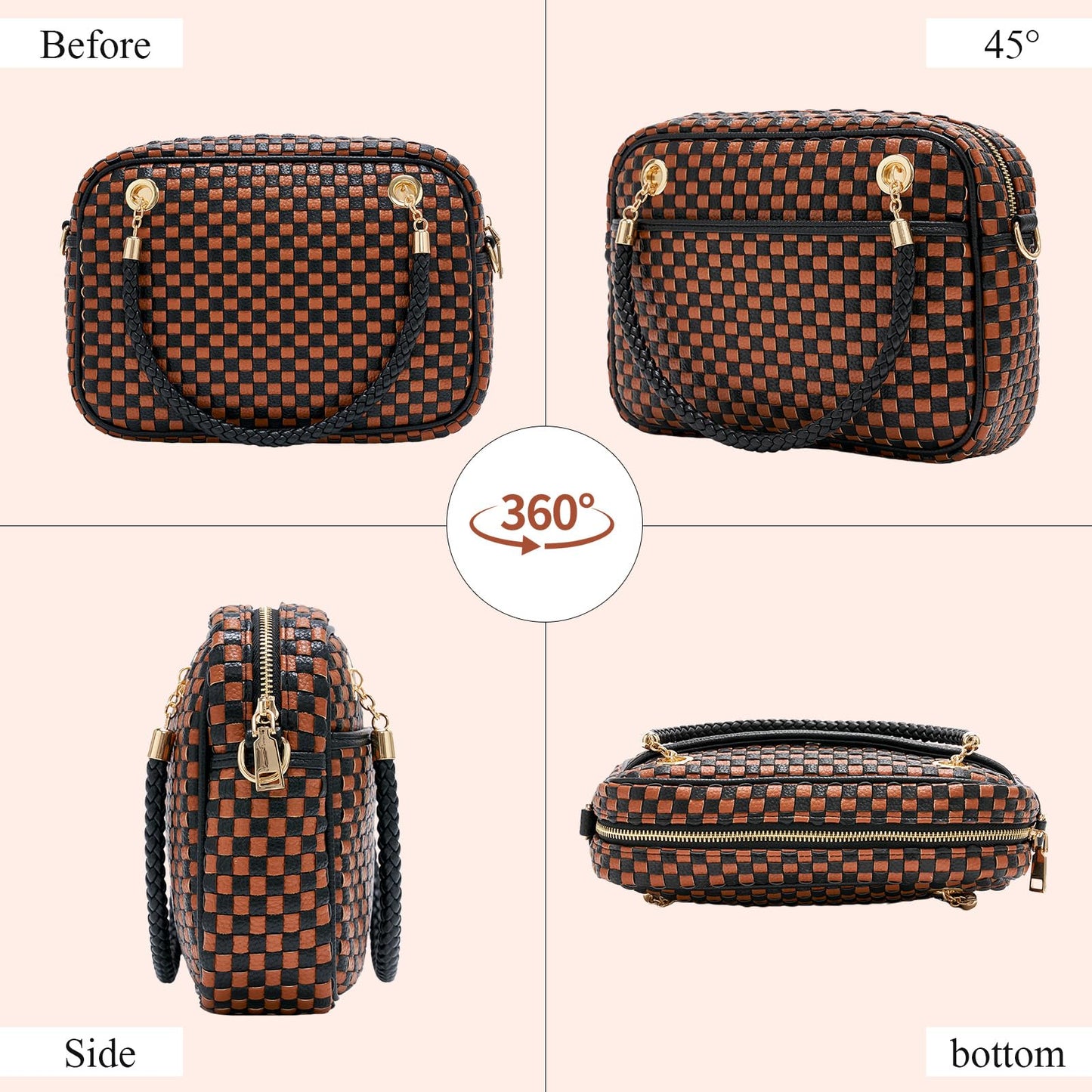 Woven Crossbody Bags for Women, Vegan Leather Two-Tone Satchel with Braided Top Handle, Structured Checkerboard Shoulder Purse with Adjustable Strap