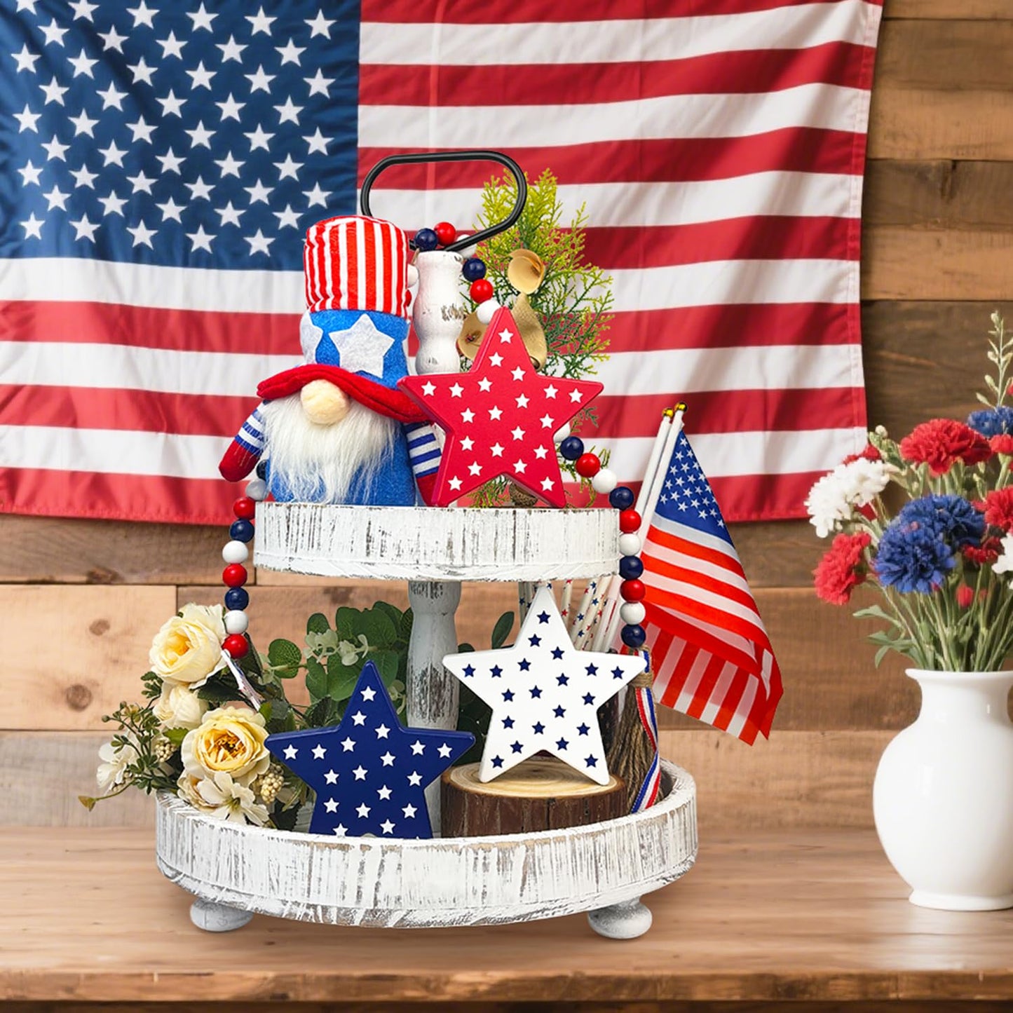 4th of July Table Decorations 3 PCS, Fourth of July Red White Blue Wooden Star Decor Centerpiece for Indoor Home, 250th Anniversary Memorial Day Patriotic Gift Sign for Mantel Office Tiered Tray Party
