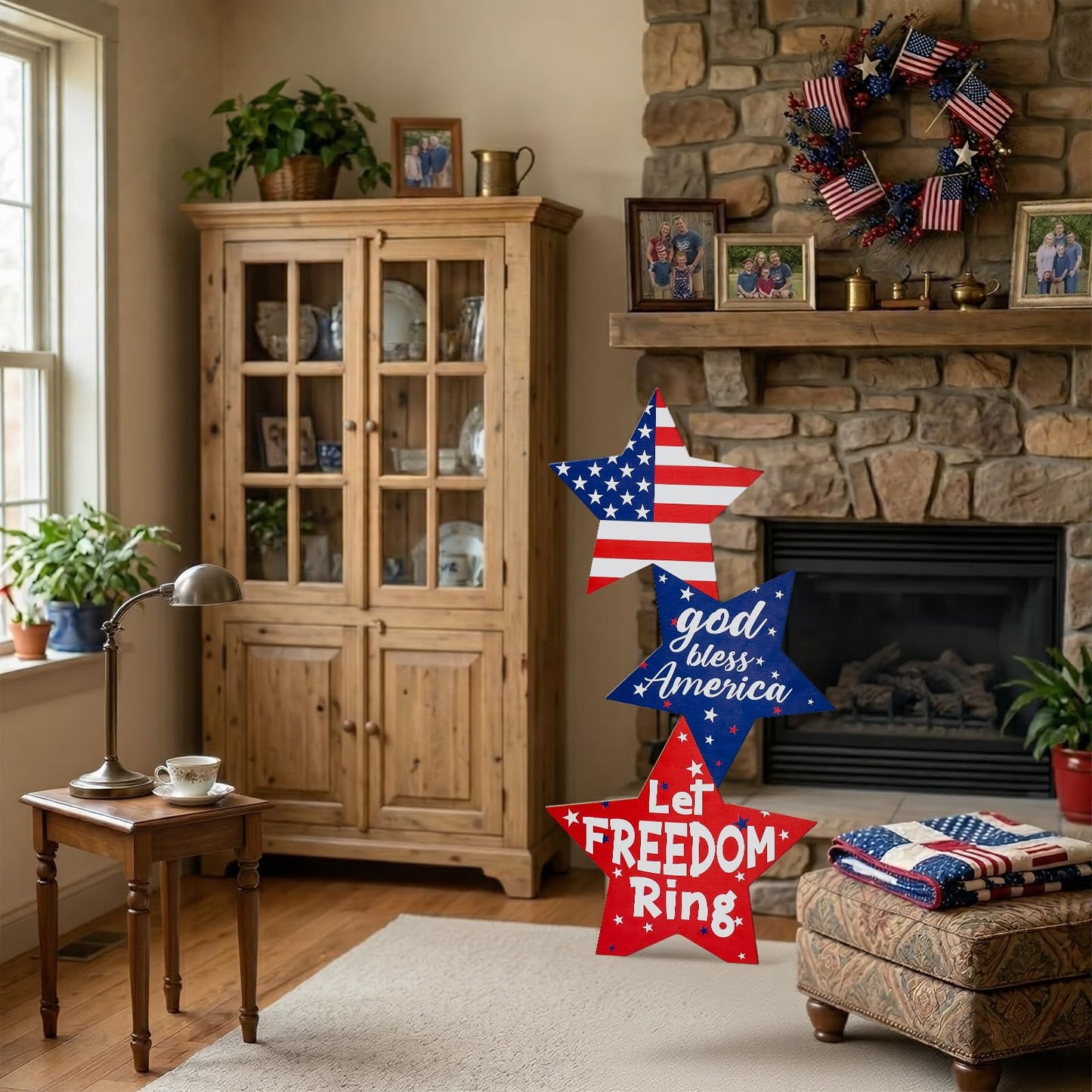 LawnIdyll 4th of July Large Wooden Star Porch Sign, Independence Day Standing Decoration God Bless America Star Shape Sign for Patriotic 250 Anniversary Red White Blue Outdoor Indoor Yard Front Door