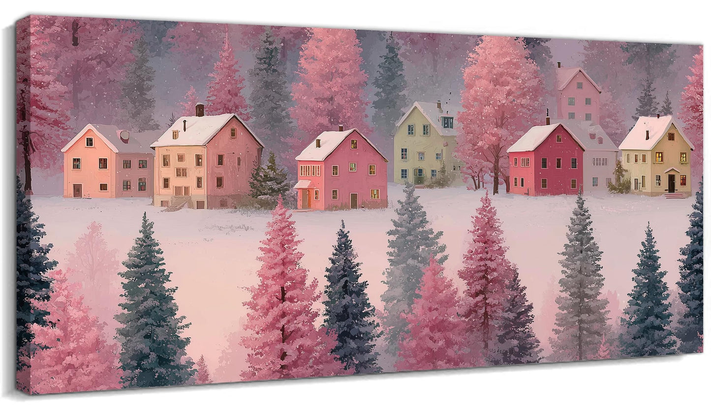 GUTTATY Christmas Canvas Wall Art, Pastel Winter Village Canvas Painting, Snow Scene Wall Prints, Festive Holiday Indoor Artwork Poster, Cozy Christmas Wall Decor for Living Room, 32x16 Inch