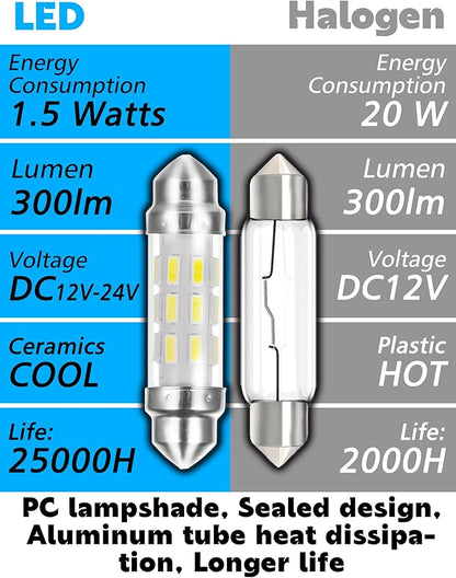 DC12V-24V 212-2 Led Bulb, 6000k White 578 211-2 41mm 42mm 1.65in Festoon LED Dome Light Bulbs, 300LM Super Bright 578 LED Blub for Car Truck Interior Dome Map Door License Plate Courtesy Lights 2pack