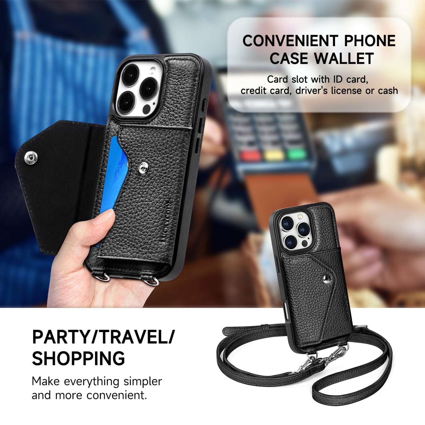 LUCKYCOIN Crossbody Phone Case for iPhone 16 Pro,100% Genuine Leather Phone Wallet Case for Women, Premium Hands-Free Phone Purse with Expandable Flip Card Holder & Adjustable Strap - Pebble Black