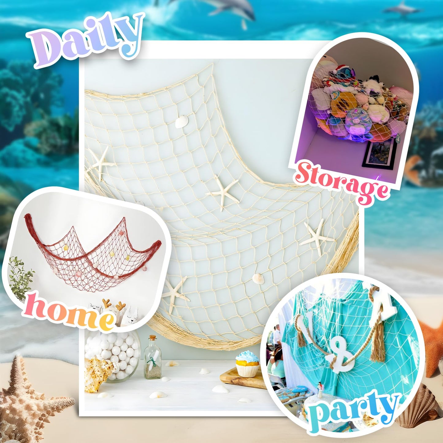 2 Pack Fish Net Decorations for Party, Natural Cotton Hawaiian Party Fishing Net Decorative, Nautical Themed Cotton Fishnet Under The Sea Pirate Ocean BeachHalloween Decor