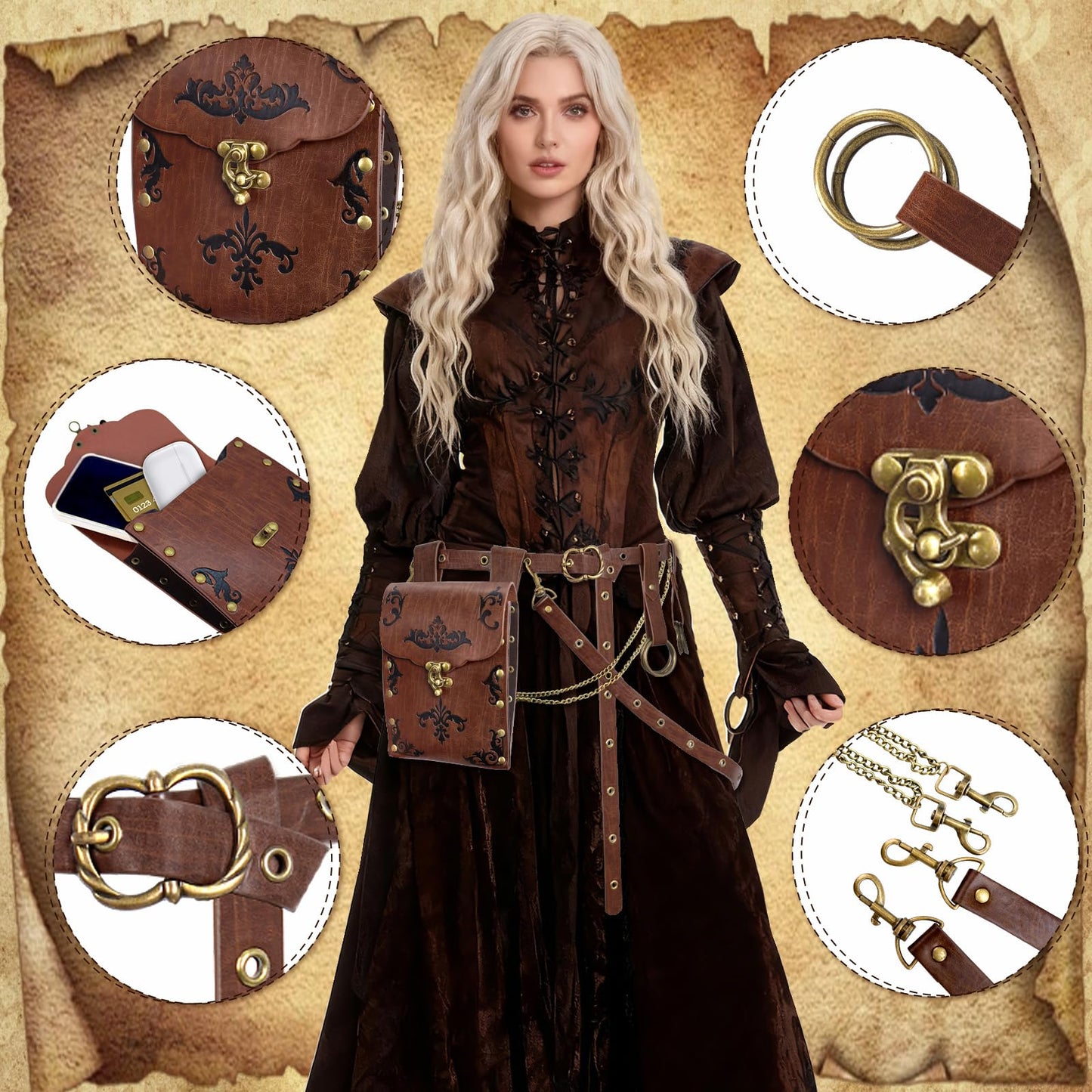 TobWeaL Renaissance Pirate Chain Belt Pouch Set - Medieval Viking Skirt Hike Faux Leather Waist Bag Costume Accessories for Cosplay (Brown)