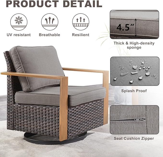 Rilyson Outdoor Wicker Patio Furniture Set - 4 Piece Patio Conversation Set with 2 Wicker Swivel Rocker Chairs,2 Rattan Ottoman, Thick Cushions, Deep Seating, Wide Armrest(Brown/Grey)
