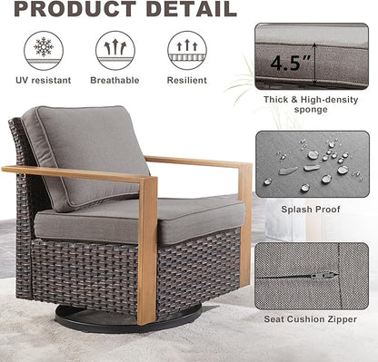 Rilyson Outdoor Wicker Patio Furniture Set - 4 Piece Patio Conversation Set with 2 Wicker Swivel Rocker Chairs,2 Rattan Ottoman, Thick Cushions, Deep Seating, Wide Armrest(Brown/Grey)