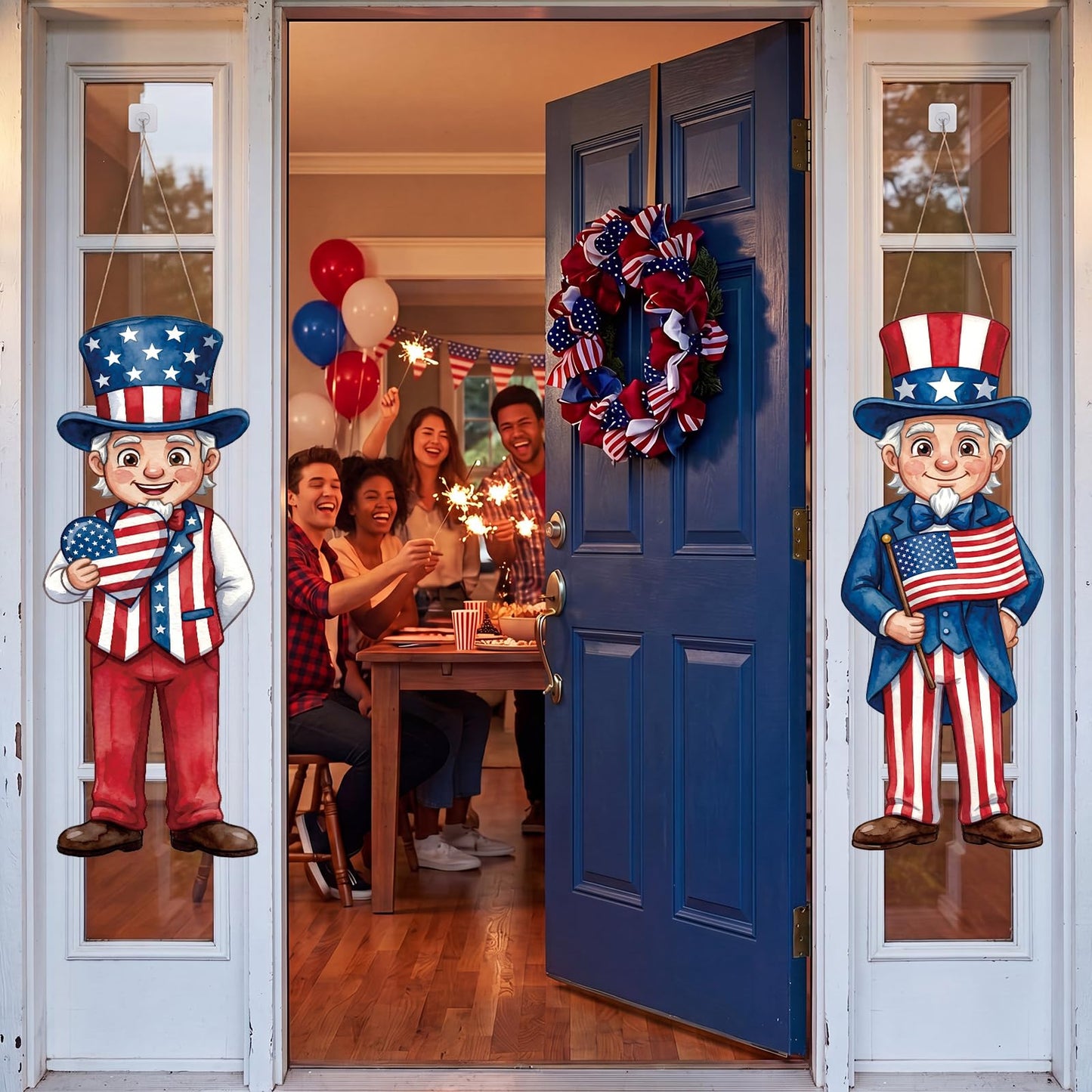 Thyle 2 Pcs Large 4th of July Hanging Sign Decorations 32 x 12 Inch Patriotic Uncle Wooden Front Door Decorations Plaques Porch Sign for 250th Anniversary Independence Day Door Hanger