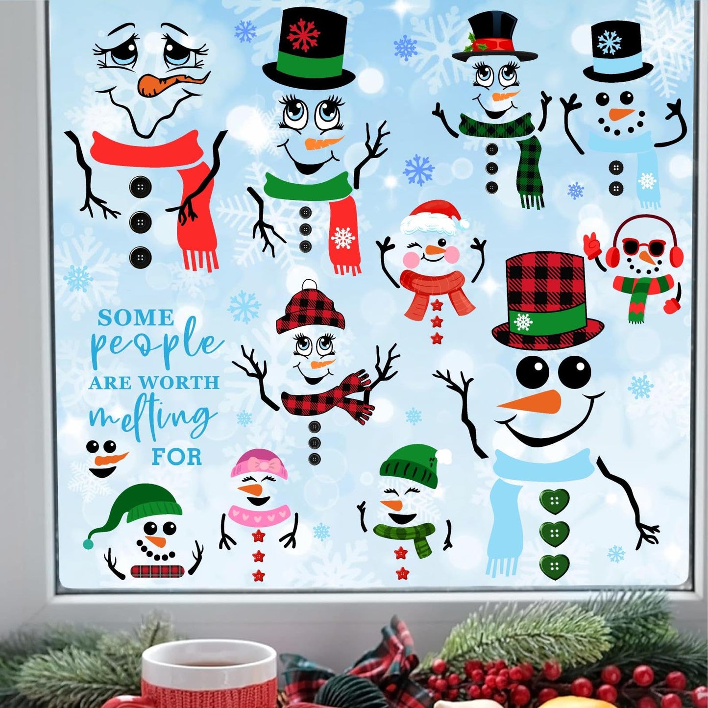 Funny Snowman Decals Christmas Snowman Faces Stickers for Glass Window Stickers Clings Christmas Ornaments Decals for Crafts Cute Cartoon DIY Snowman Faces Stickers Party Supplies Decorations