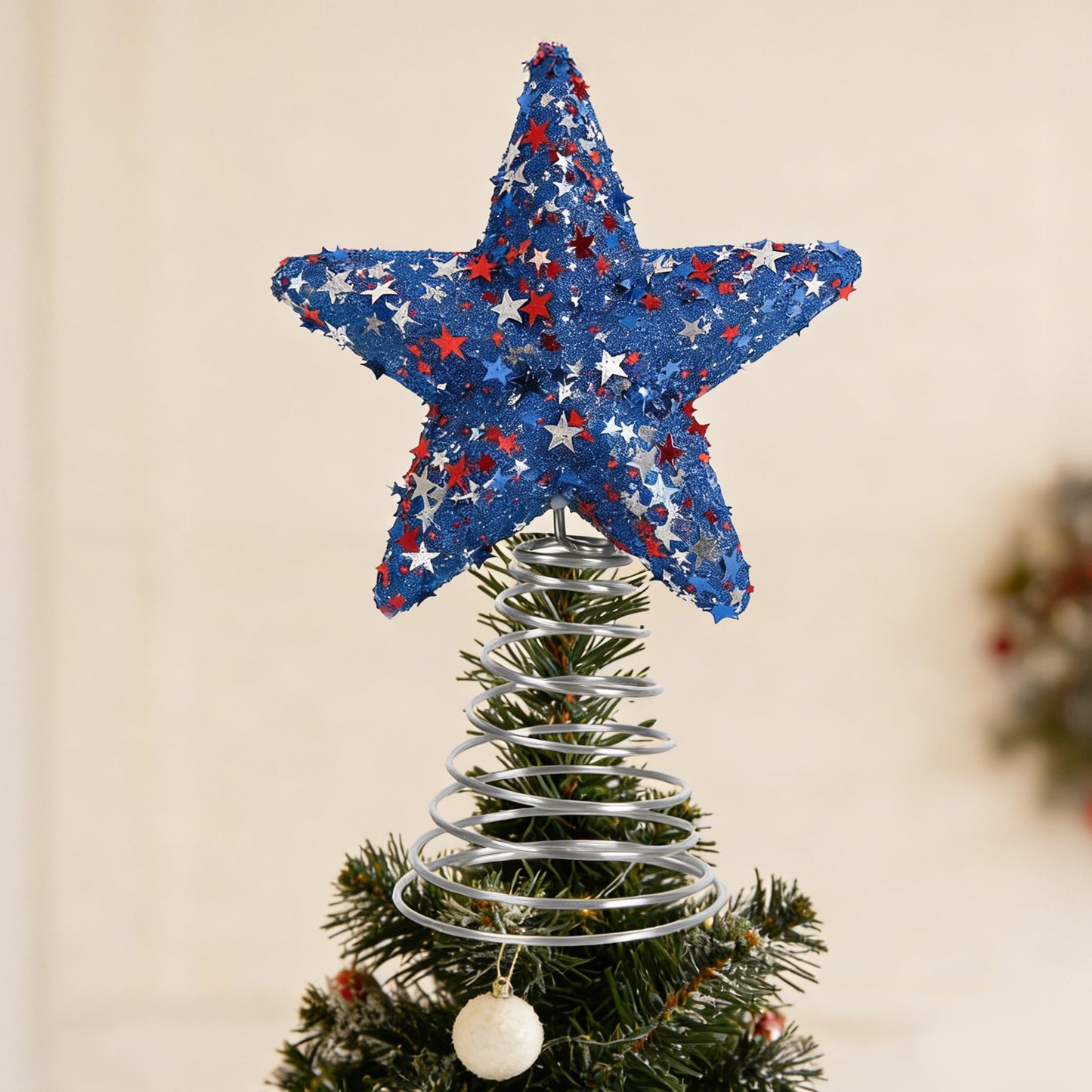8.6" Glitter Star Christmas Tree Topper Decorative Holiday Tree Toppers Red White Blue Sequins Stars Xmas Trees Ornaments for 250th Anniversary 4th of July Table Centerpieces Home Party Supplies