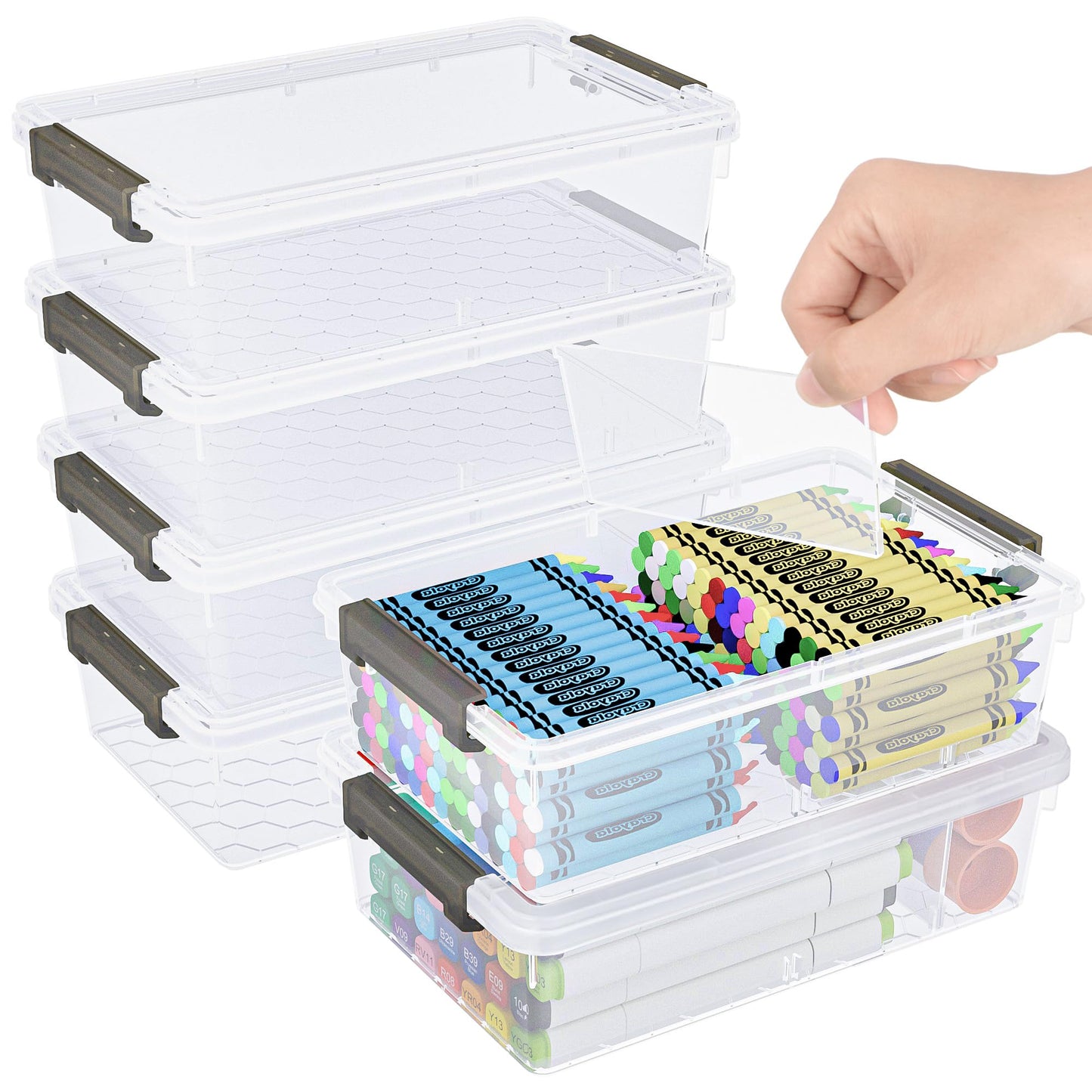 GEOPHIA 6 Pack Extra Large Pencil Box with Removable Divider, Thickened Pencil Case Bulk, Clear Crayon Marker Organizer Stackable Plastic Small Storage Containers for Pen Craft School Supplies(Grey)