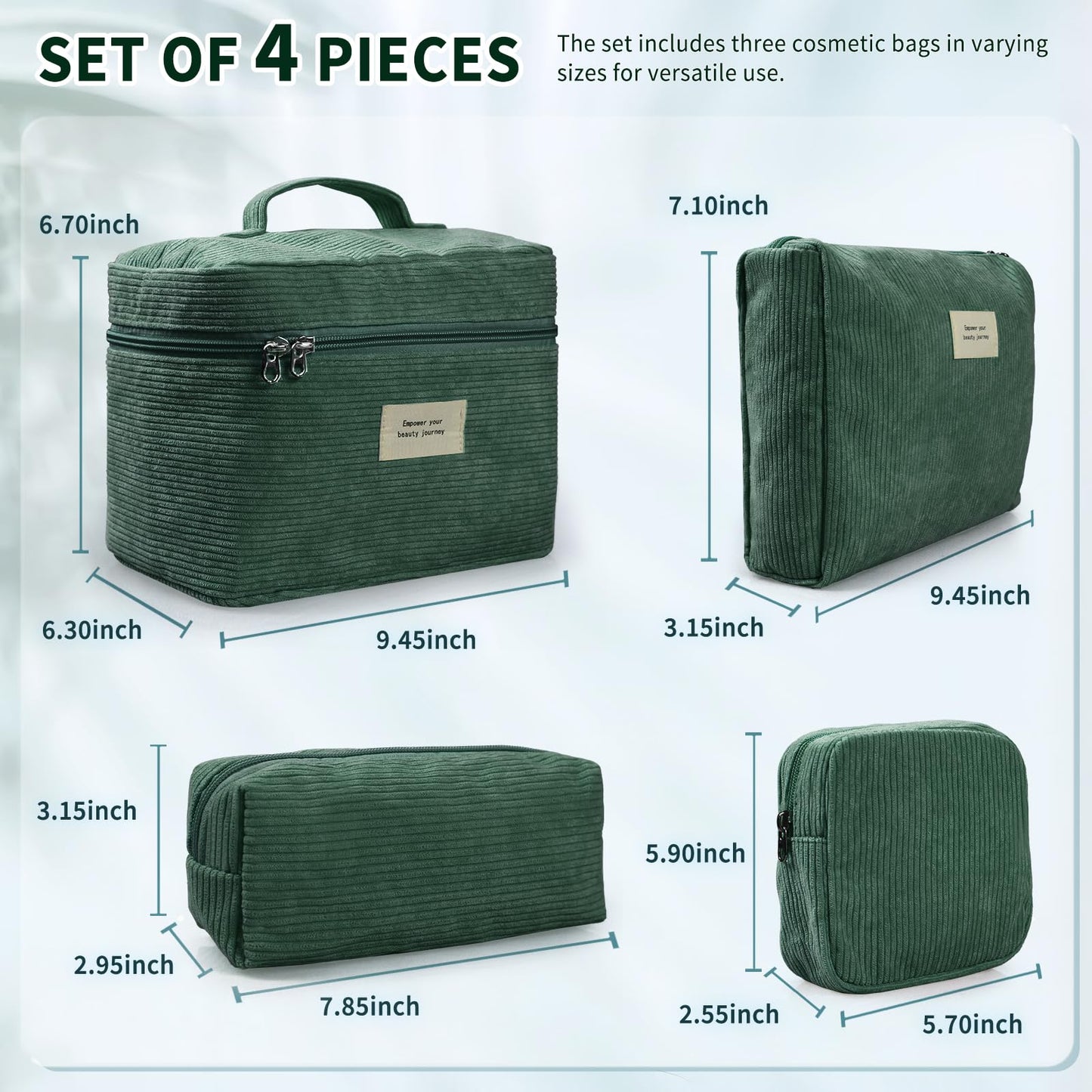 LVWNM 4 Pcs Makeup Bag for Women Corduroy Cosmetic Bag Aesthetic Cute Bags Multi Size Purse Pouch Travel Toiletry Bag Set Makeup Organizer with Zipper(Green)