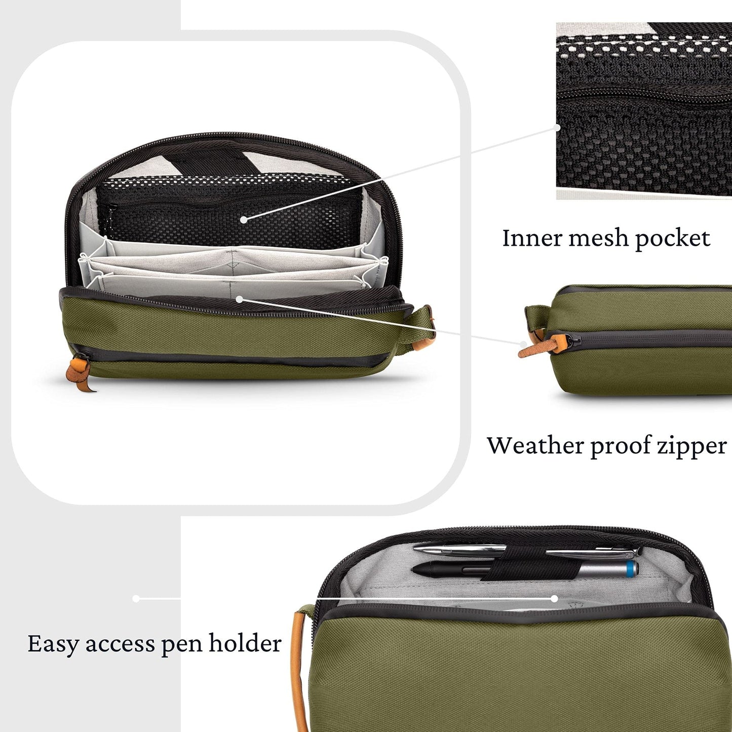 Tech Bag Organizer - Small Electronics Organizer Pouch for Travel - Premium Travel Case with Leather Accents - Mesh Pocket for Cables, Cords and Chargers (Green)