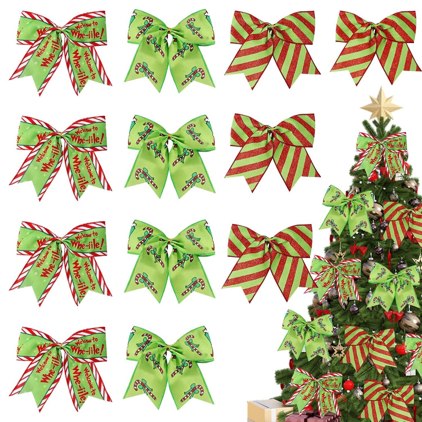 12Pcs Christmas Ornaments Bows Christmas Tree Decorations Red Green 6" Large Wreaths Bows for Gifts Wrapping Holiday Party Xmas Decor