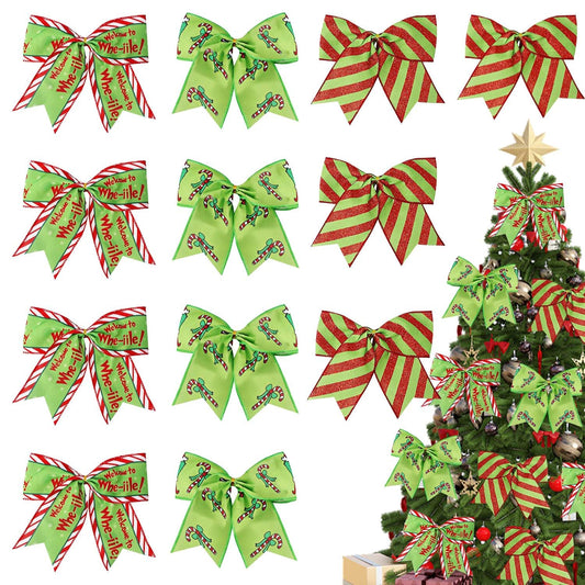 12Pcs Christmas Ornaments Bows Christmas Tree Decorations Red Green 6" Large Wreaths Bows for Gifts Wrapping Holiday Party Xmas Decor
