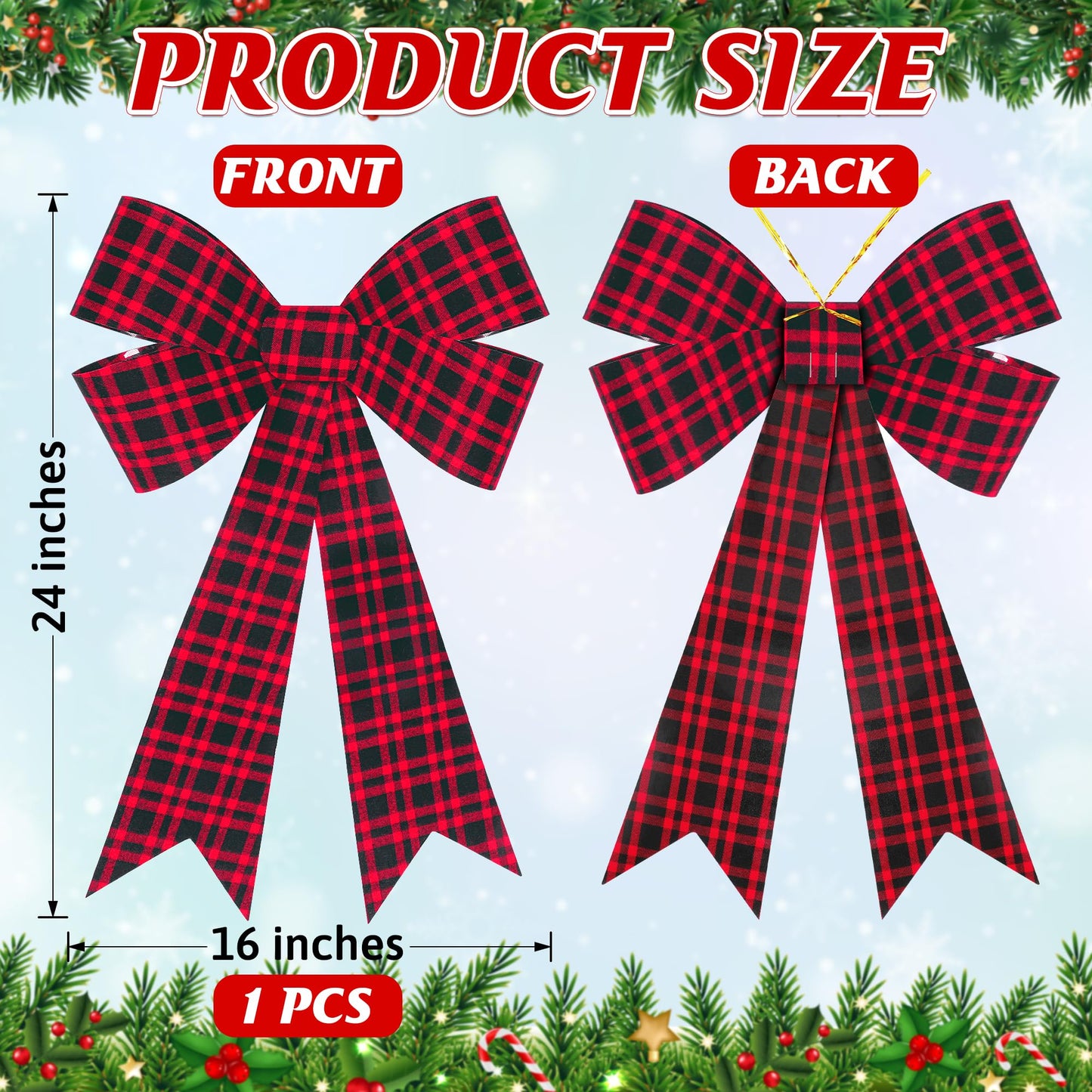 1 PCS Christmas Bows, 16x24 In Large Christmas Tree Bows, Velvet Black Red Xmas Bows for Buffalo Plaid Christmas Tree Decorations Plastic Xmas Home Party Decor Supplies for Fence Railing Stairs Door