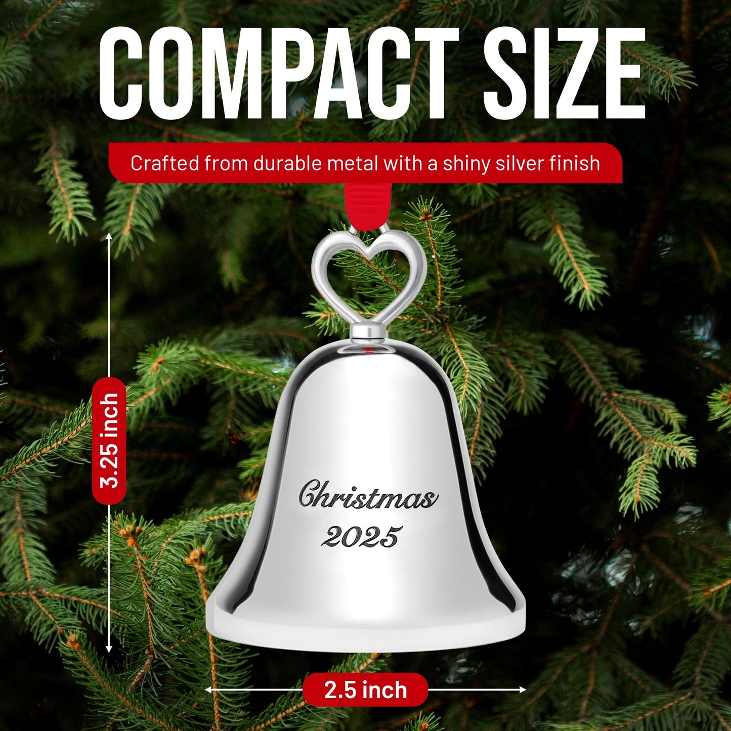 Christmas Bell Ornament 2025 – Elegant Holiday Keepsake with “Christmas 2025” Engraving – Collectible Ornament with Ribbon and Ringing Bell Sound